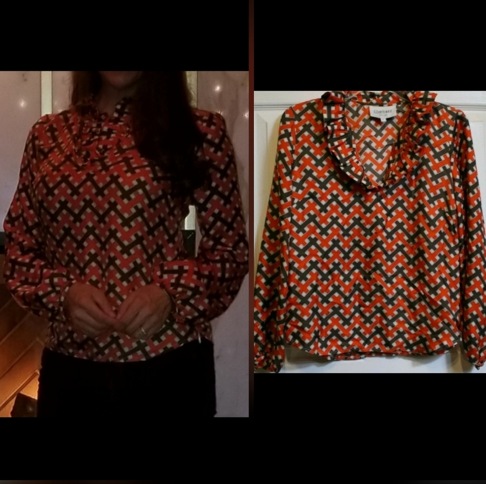 ELIZABETH MCKAY Silk Ruffled Orange Brown Long Sleeve Blouse Size 2 EUC